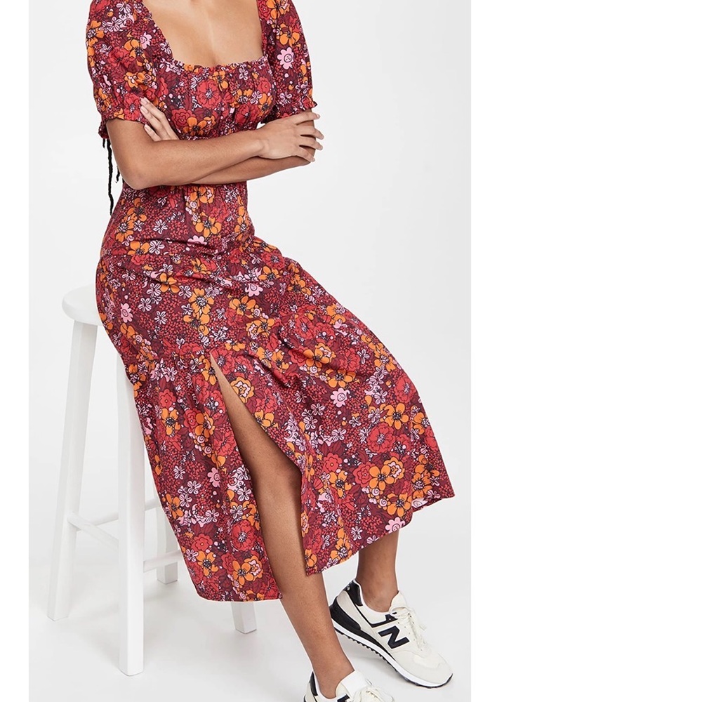 Anthropologie Rahi floral midi dress puff sleeves tiered seams Red Pink size XS
